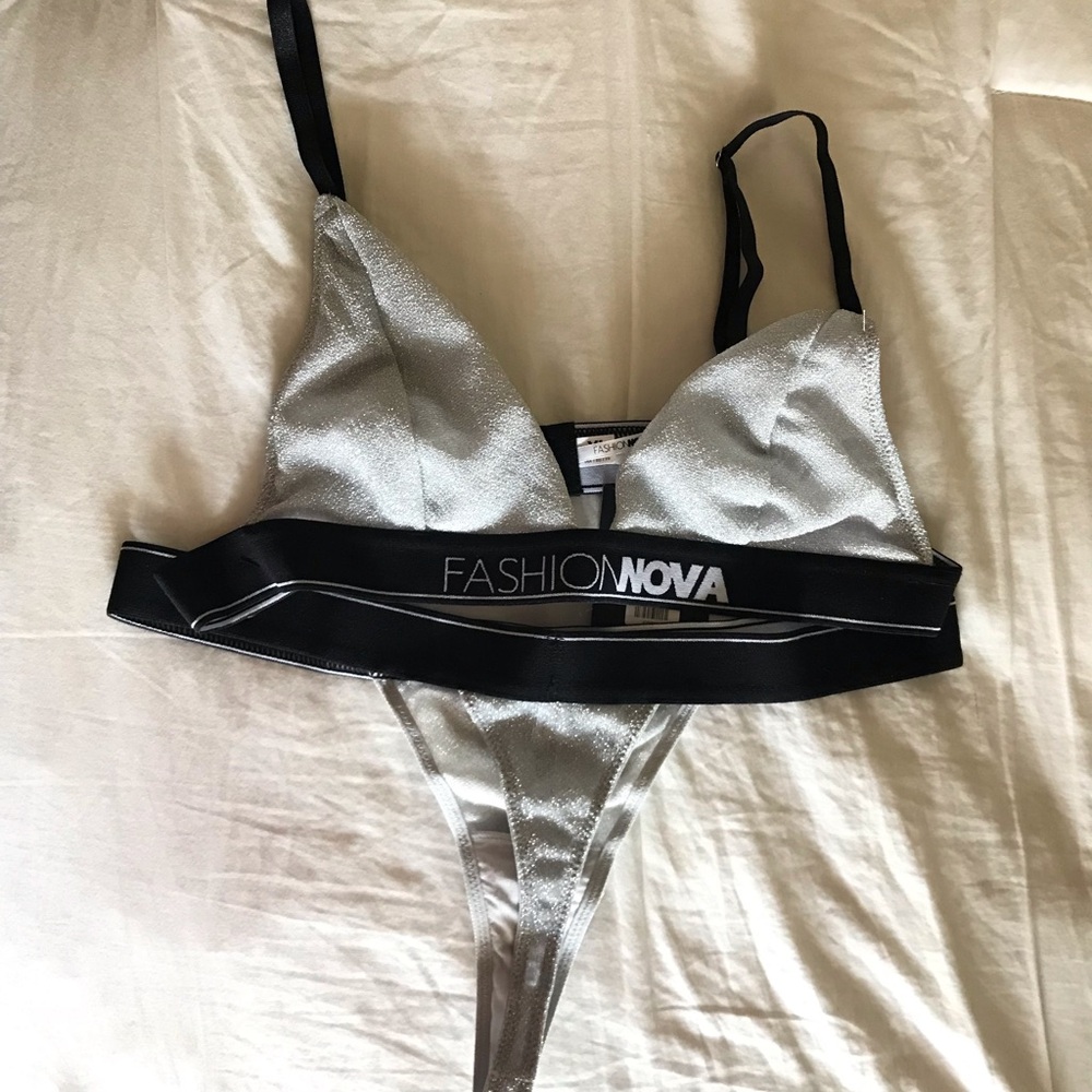 Fashion Nova Silver Metallic Bralette & Thong Set